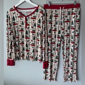 The Simple Seed tan white gingham Christmas print bamboo pajama set Women’s sz L
